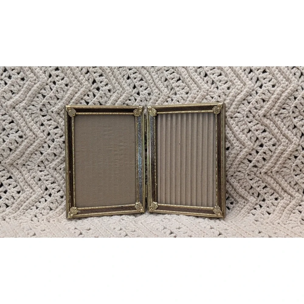 Vintage Gold Tone and Wood Grain Double Hinged 4x6 Photo Frame Folding Picture